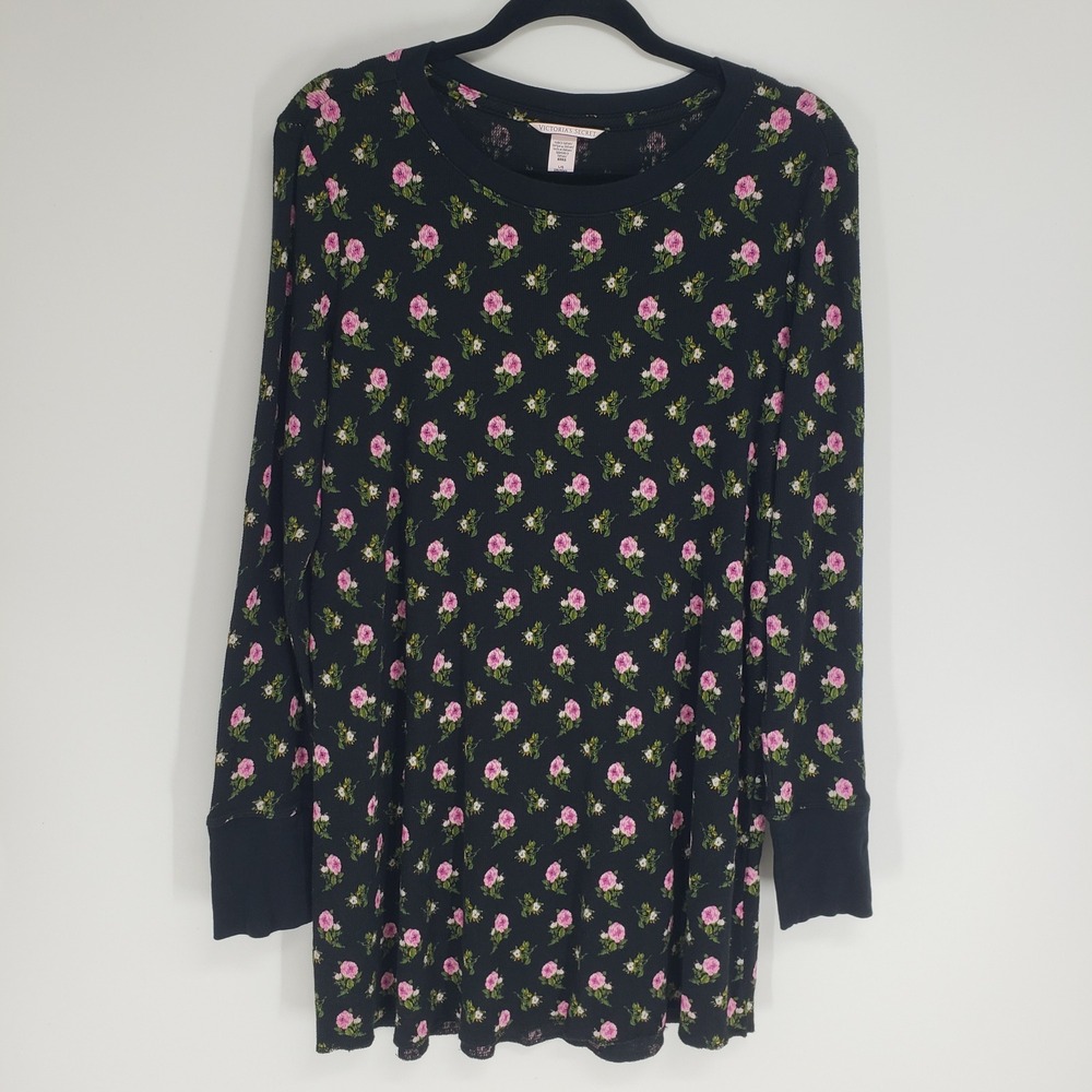 Victoria's Secret Floral Waffle Knit Sleep Shirt Women Large Black Long Sleeves